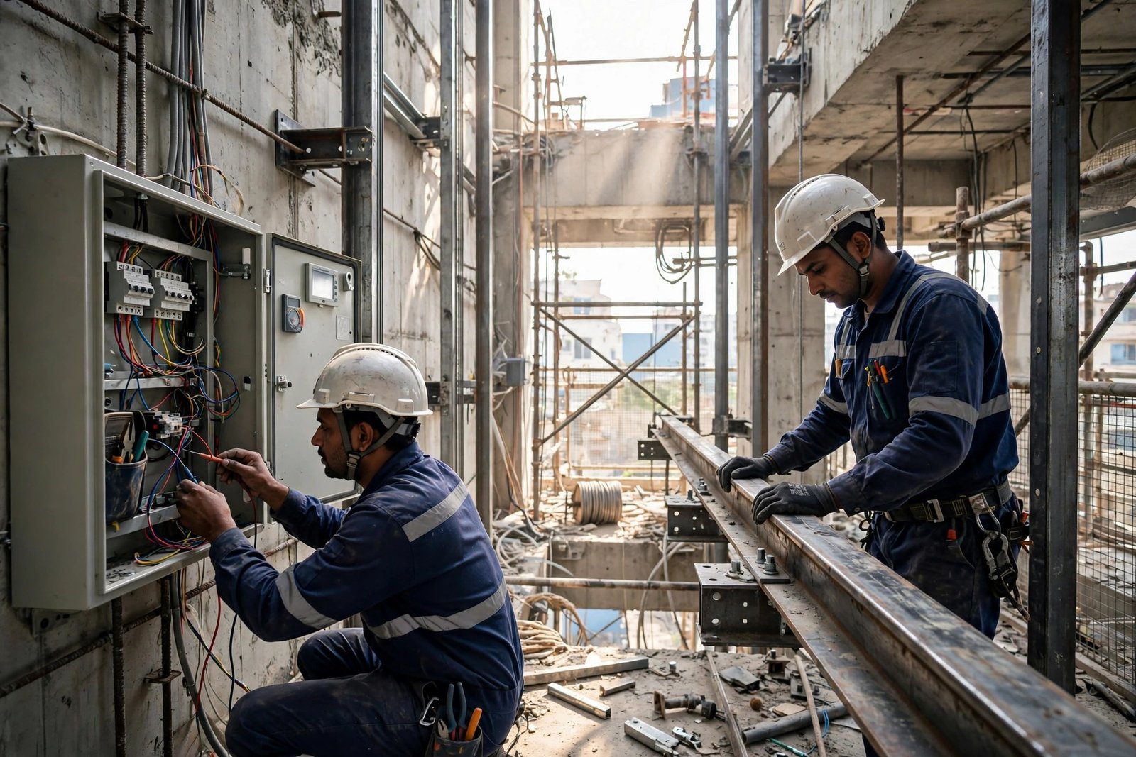 Elevator installation technicians working on a lift shaft in India